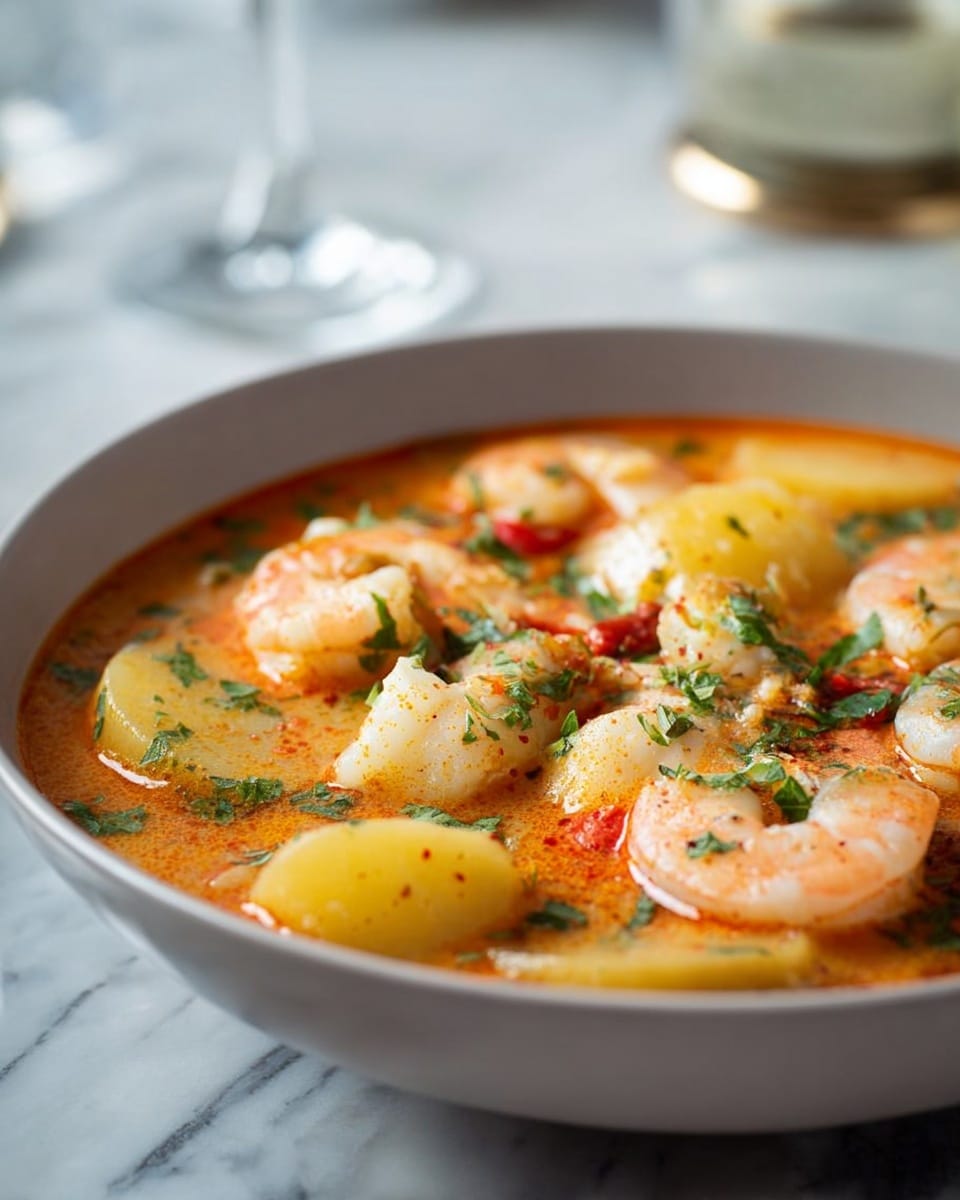 The image shows a soup in a white bowl filled with a warm orange broth. In the soup, there are several layers of ingredients: large pink shrimp spread evenly throughout, light yellow potato chunks, and white pieces of fish scattered on top. Bright green herbs are sprinkled over the bowl for color and garnish. The soup has a rich and slightly oily texture with some visible red spices floating in it. The bowl rests on a white marbled surface with a blurred glass and cup in the background. photo taken with an iphone --ar 4:5 --v 7