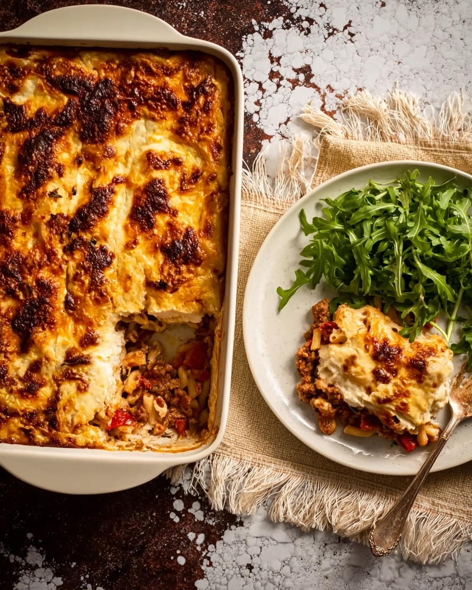 A rectangular white baking dish filled with a layered casserole. The top layer is golden brown and bubbly, with some dark brown spots showing it is well baked. Below the top layer, there is a thick creamy white layer, followed by a mixed layer of short pasta, red tomato chunks, brown meat sauce, and bits of cheese. Next to the dish, on a white plate, is a serving of the casserole with the same layers visible and a small pile of fresh green arugula salad placed beside it. Both the dishes are on a rough dark surface with a white marbled texture in the background and a beige cloth with fringes under one corner of the baking dish. Photo taken with an iphone --ar 4:5 --v 7