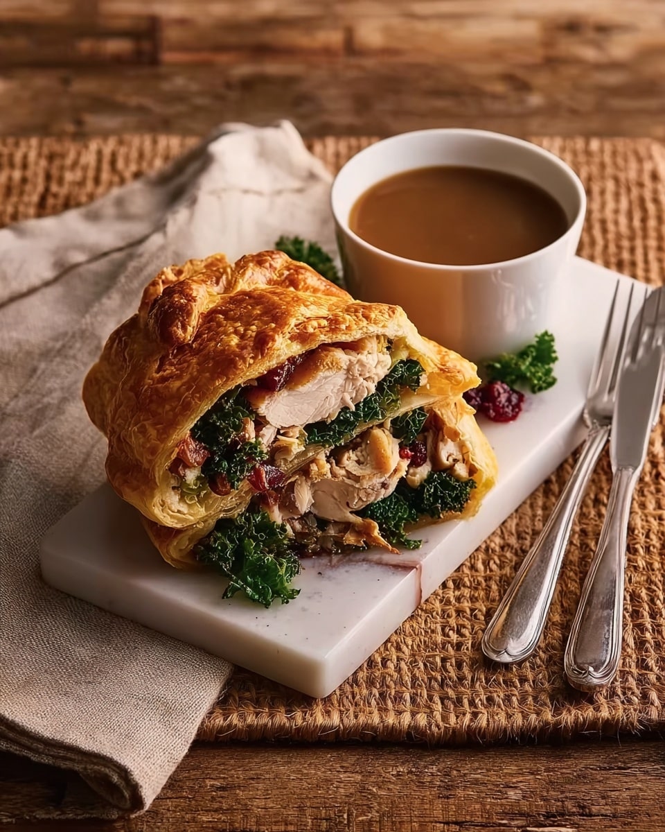 On a white marbled rectangular plate, there is a golden-brown baked pastry shaped like a wrap with a crispy texture. Inside, the filling shows visible layers of green leafy kale, shredded pale turkey meat, and a dark red sauce that looks like cranberry. Next to the pastry, a small round white bowl holds a smooth brown gravy. A silver knife and fork are placed on the right side of the plate on the white marbled surface, and a beige cloth is folded on the left side. The background is a light wooden table with a woven mat under the plate. Photo taken with an iphone --ar 4:5 --v 7