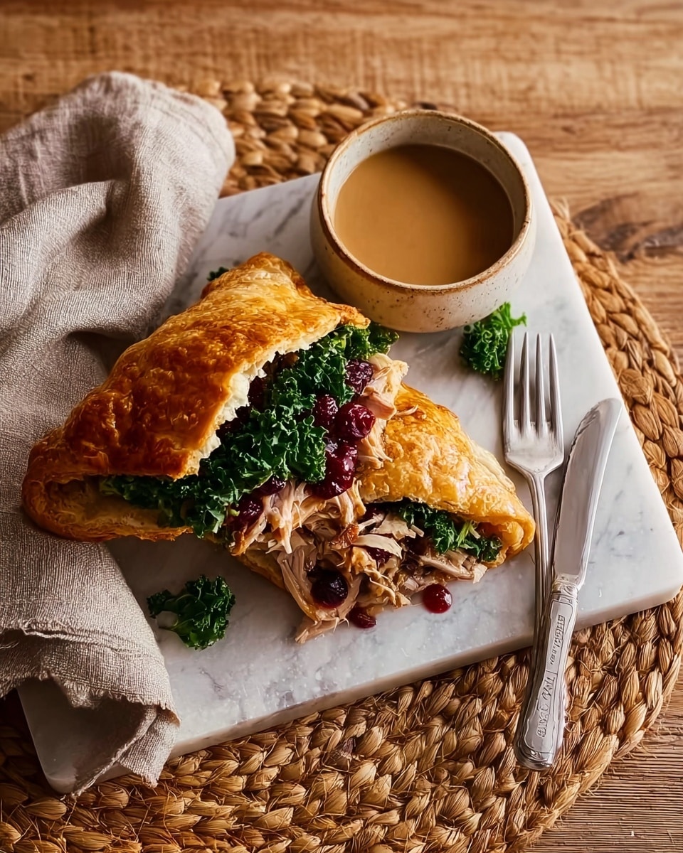 A folded golden-brown pastry with a slightly crispy and flaky texture sits on a white marbled rectangular plate. Inside the pastry are visible layers of cooked light-colored poultry mixed with dark green curly kale and small bits of brown stuffing, along with some deep red sauce adding contrast. Next to the pastry, on the plate’s upper side, is a small round white bowl filled with smooth brown gravy. The plate is placed on a brown woven mat on a rustic wooden table, with a beige cloth napkin to the left and a silver fork and knife crossed to the right. photo taken with an iphone --ar 4:5 --v 7