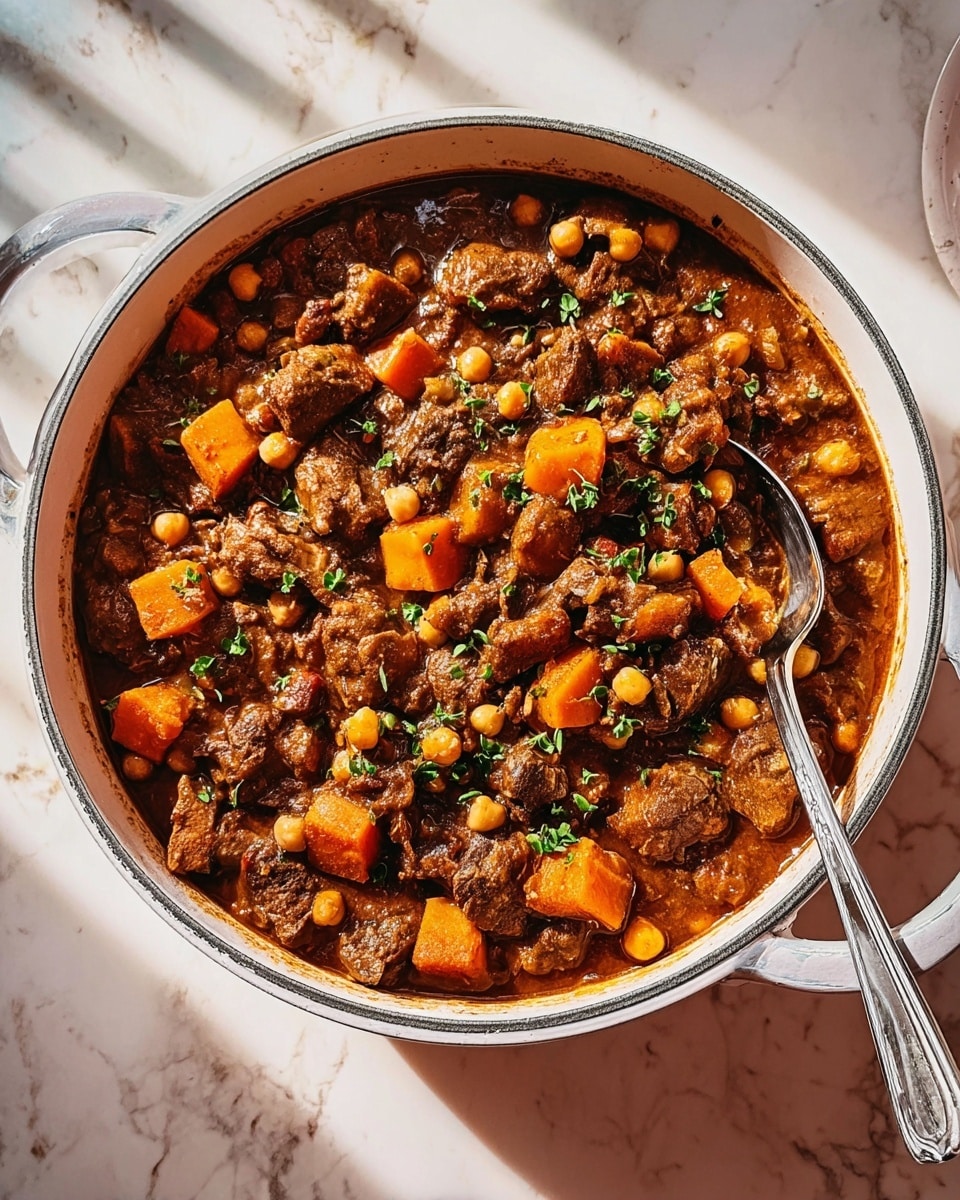 A round white pot filled with a thick stew featuring chunky pieces of meat, orange carrot cubes, and light brown chickpeas mixed well in a rich, dark brown sauce. The stew is garnished with small green herb pieces scattered across the top. A silver spoon is resting inside the pot on the right side, partially submerged in the stew. The pot is placed on a white marbled surface with natural light casting soft shadows. Photo taken with an iphone --ar 4:5 --v 7