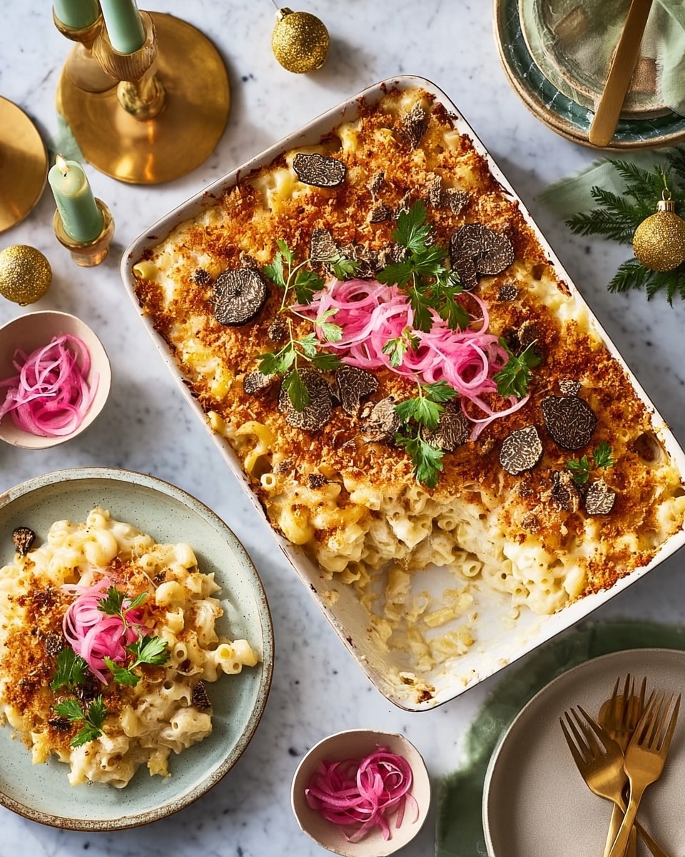 The image shows a white rectangular baking dish filled with a creamy macaroni and cheese casserole topped with a golden brown crust. The top layer has crispy breadcrumbs with a sprinkling of sliced truffles and thin pink pickled onions, along with some green parsley leaves for garnish. A portion of the casserole has been scooped out, revealing the elbow macaroni mixed in a rich, creamy white sauce below the crust. Next to the baking dish, there is a serving of the macaroni and cheese on a white round plate, also garnished with pickled onions and parsley. Around the dishes, there are small bowls with extra truffle slices and pickled onions, a green candle holder, two gold forks on a stack of white plates, some gold and green Christmas decorations, and pears on a white marbled surface photo taken with an iphone --ar 4:5 --v 7