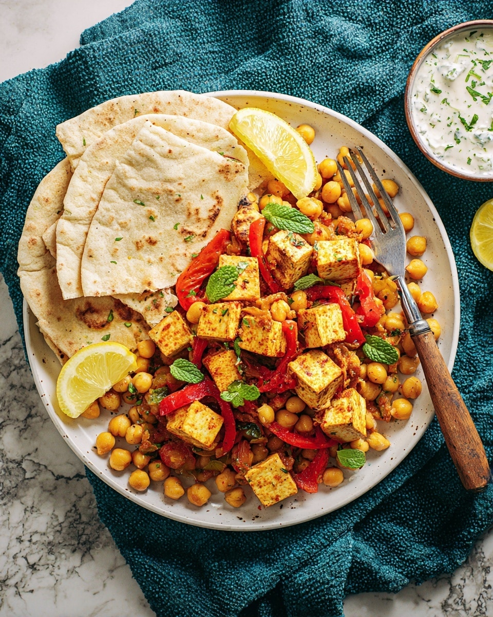 A white round plate holds a colorful dish with three large folded pieces of flatbread placed around the side. The main dish has four layers: a base of golden chickpeas, scattered around the plate; on top are cubes of golden brown tofu, mixed with thin slices of red bell peppers and some bits of cooked onions. Small green mint leaves are spread across the tofu and chickpeas for a fresh look. Three yellow lemon wedges are placed along the edge of the plate, adding brightness. To the top right of the plate, a fork rests with a wooden handle. Next to the plate, there is a small bowl of white sauce with green herbs. The plate sits on a textured dark teal cloth, with the background being white marbled texture. photo taken with an iphone --ar 4:5 --v 7