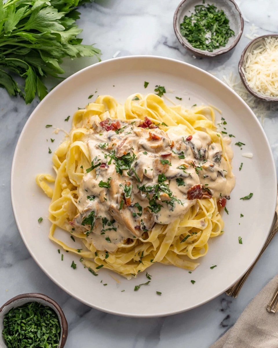 A white plate holds a bed of yellow fettuccine pasta with a creamy light beige sauce poured over a piece of light brown cooked chicken on top. The sauce contains small chunks of sun-dried tomatoes and bits of fresh green herbs scattered around. The pasta strands are flat and slightly twisted, spreading under the chicken. The plate sits on a white marbled surface with small bowls of grated cheese and chopped green herbs in the background. Some green herb leaves are also visible on the surface near the plate. photo taken with an iphone --ar 4:5 --v 7