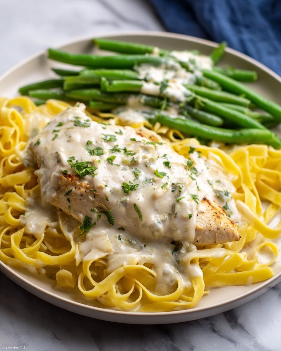 On a white plate, there is a dish with three main layers. The bottom layer is a bed of light yellow fettuccine pasta, soft and slightly curled. On top of the pasta sits a piece of light golden-brown grilled chicken, covered with a thick, creamy white sauce that has small green herbs sprinkled on it. To the side of the chicken and pasta, there are green beans, dark green in color, also drizzled with the same creamy white sauce. The plate is set on a white marbled surface, and there is a blue and white cloth in the background. Photo taken with an iphone --ar 4:5 --v 7