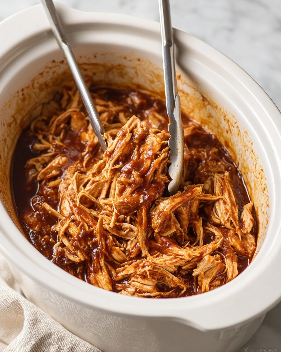 The image shows a close-up view of shredded chicken mixed with a rich, thick reddish-brown sauce inside a white slow cooker. The shredded chicken pieces have a soft texture and are coated evenly with the sauce, which clings to the strands. A pair of silver tongs is lifting a portion of the saucy shredded chicken from the middle of the slow cooker. The slow cooker is placed on a white marbled surface with a beige cloth nearby. The edges of the slow cooker have some sauce smudges, adding to the homemade feel of the dish. photo taken with an iphone --ar 4:5 --v 7