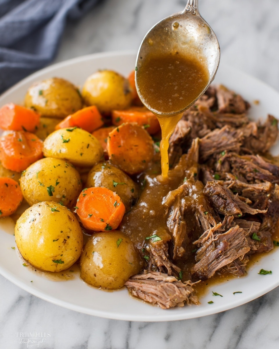 A white plate holds a meal with three main parts: shredded brown meat at the bottom, small round yellow potatoes mixed with orange carrot slices on the top half, and dark brown gravy being poured over the meat from a spoon held near the top left; small green herb pieces are sprinkled on the meat and vegetables, and the background shows a white marbled surface. photo taken with an iphone --ar 4:5 --v 7