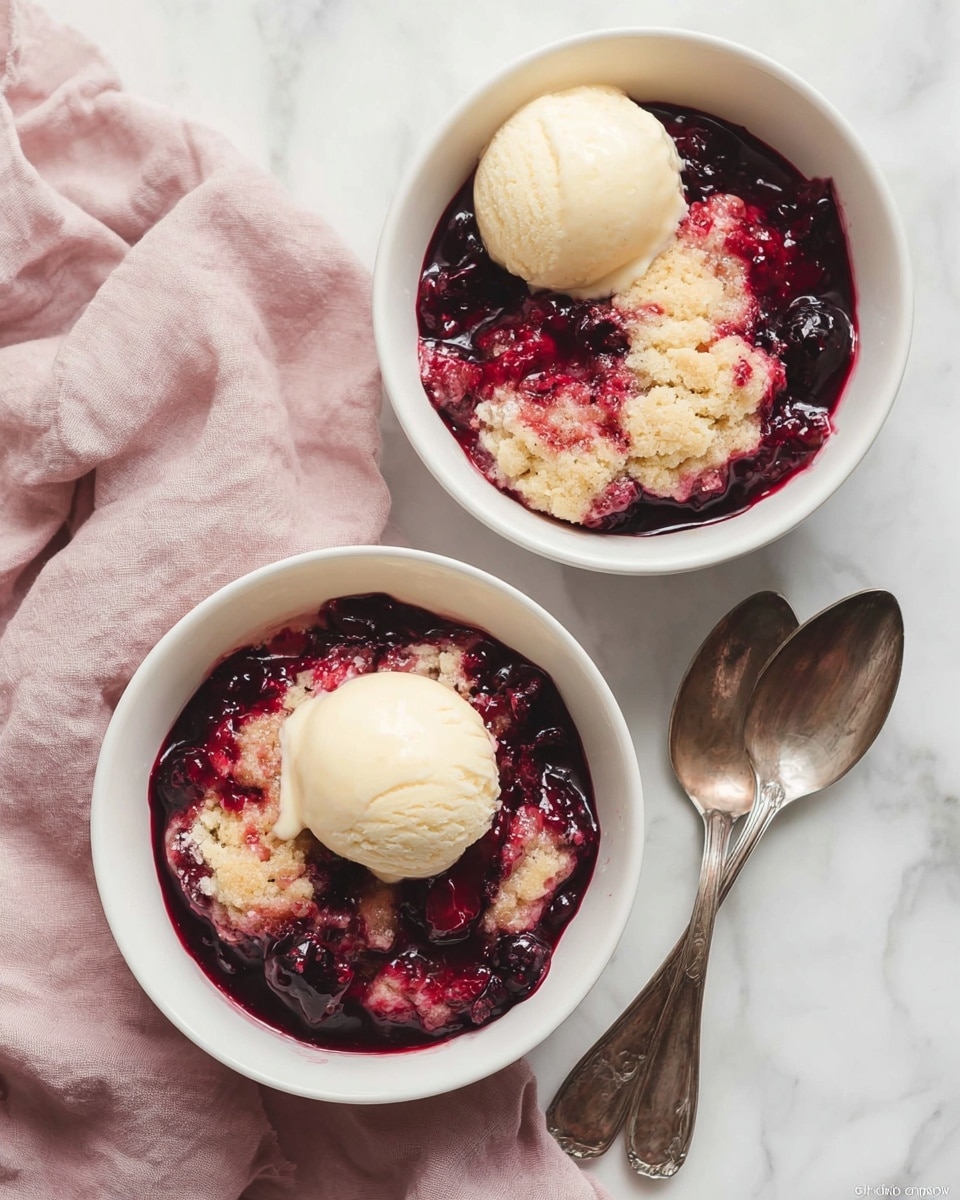 The image shows two white bowls filled with a mixed berry dessert. Each bowl has a rich, dark red and purple berry sauce with whole and mashed berries visible, covering a soft, light beige cake or biscuit layer underneath. The berry layer looks glossy and juicy, while the cake layer appears moist and crumbly. The bowls are placed on a white marbled surface, with one bowl positioned closer to the front and the other slightly behind it. To the left of the bowls, there are two vintage-style silver spoons lying next to each other, and a soft pink cloth is partially visible to the lower right. photo taken with an iphone --ar 4:5 --v 7