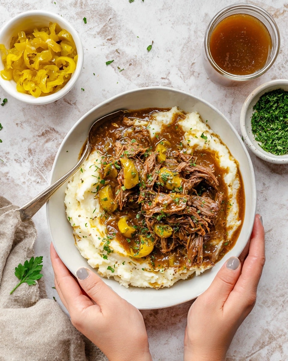 The dish shows a white bowl filled with two main layers. The bottom layer is creamy mashed potatoes with small bits of skin, creamy white with a soft texture, arranged around the edges. On top of the mashed potatoes is a serving of shredded brown meat in a glossy broth, scattered with yellow-green peppers and sprinkled with chopped green herbs. The bowl is placed on a white marbled surface with small bowls of additional green herbs, a light brown sauce, and yellow peppers around it, along with a white cloth on the left side. photo taken with an iphone --ar 4:5 --v 7