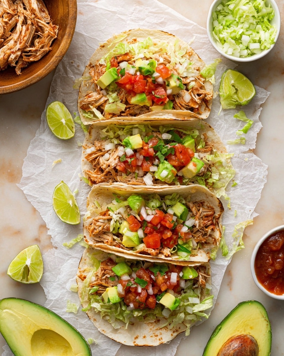 Four soft tortillas with light brown grill marks are arranged overlapping on white parchment paper over a white marbled surface. Each tortilla is filled with three layers: a bottom layer of shredded, light brown chicken meat, a middle layer of bright green chopped avocado cubes and light green shredded lettuce, and a top layer of a mix of red diced tomatoes and white diced onions. Around the tortillas, there are lime wedges and halved avocados resting on the white marbled surface. At the edges, small white bowls hold extra diced onions and red salsa with green herbs. Photo taken with an iphone --ar 4:5 --v 7