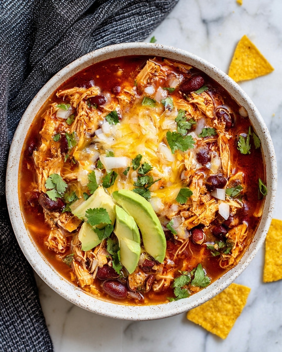 A white bowl filled with a reddish broth base, topped with shredded chicken, dark red kidney beans, and melted yellow cheese. There are small chopped white onion pieces and fresh green cilantro leaves scattered on top. On one side of the bowl, there are slices of light green avocado neatly arranged. The bowl sits on a white marbled surface with a gray and white striped cloth partially under it, and yellow broken tortilla chips are scattered around. photo taken with an iphone --ar 4:5 --v 7