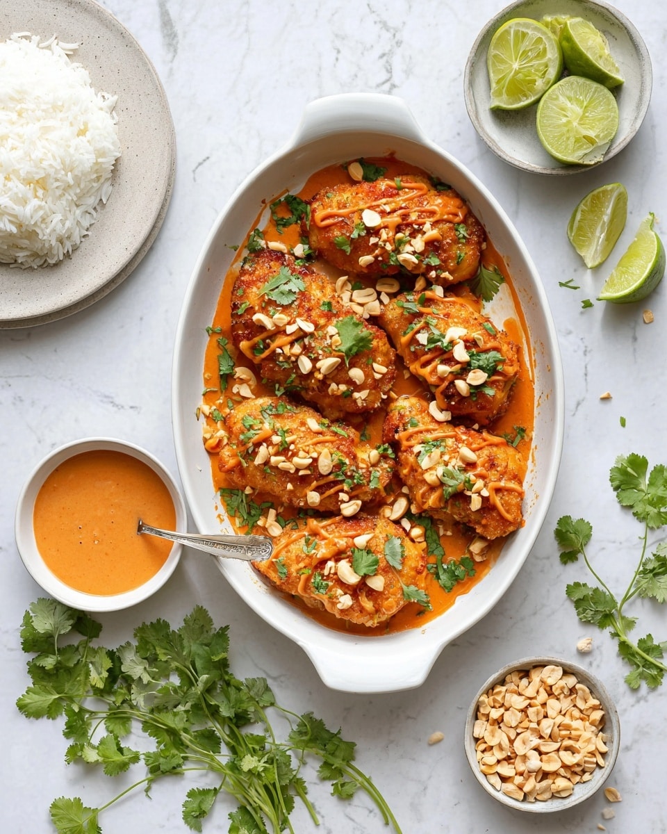 The dish shows a white oval pot filled with seven pieces of golden brown cooked chicken with a slightly crispy look. The chicken pieces are topped with an orange sauce drizzled unevenly, crushed peanuts scattered, and fresh green cilantro leaves placed on top. Surrounding the pot on a white marbled surface are small white bowls, one with lime wedges and another with more crushed peanuts. A wooden bowl with more orange sauce and a silver spoon inside sits to the top right. Some whole limes and loose cilantro sprigs are also placed on the surface for decoration. Photo taken with an iphone --ar 4:5 --v 7