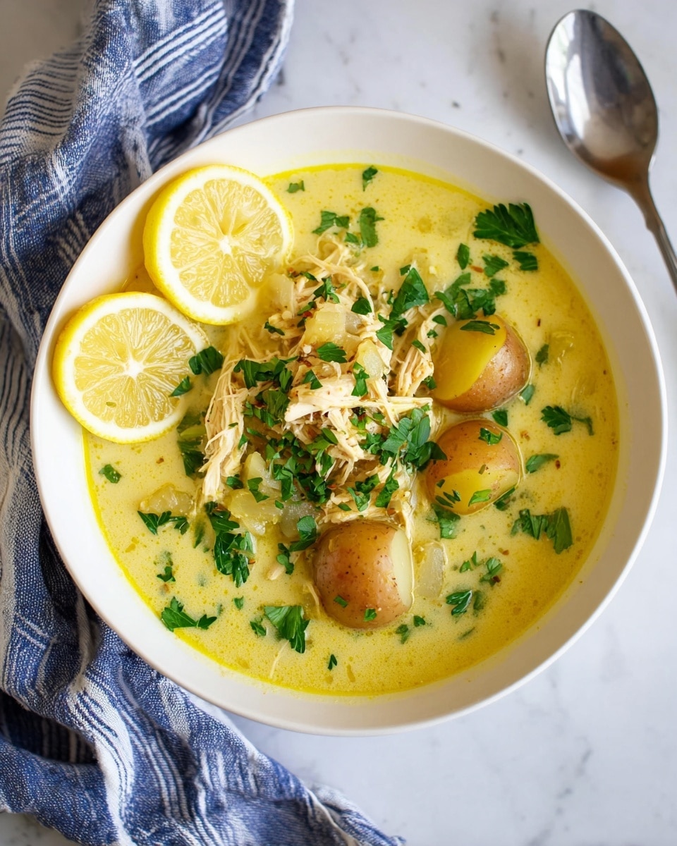 A white bowl holds a yellow creamy soup with shredded chicken and small whole potatoes in the center. The soup is garnished with chopped fresh green herbs scattered on top and around the bowl. On one side inside the bowl, three thin lemon slices are stacked slightly overlapping, with a green leaf on top. The bowl sits on a white marbled surface with a silver spoon and a gray and white striped cloth nearby. Additional lemon wedges and green leaves decorate the background. Photo taken with an iphone --ar 4:5 --v 7