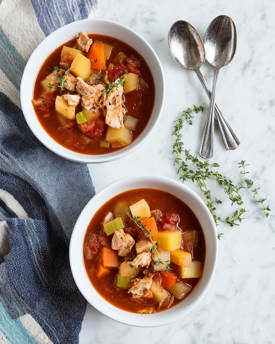 Two white bowls are filled with a thick tomato-based soup that has many chunky pieces. Each bowl shows layers of diced vegetables including light yellow potatoes, orange carrots, pale green celery, red tomato chunks, and pieces of light pink cooked chicken. The soup has a reddish-brown liquid base with visible droplets of oil on the surface. Each bowl is garnished with a fresh green sprig of thyme on top. The bowls sit on a white marbled surface, near two shiny silver spoons and a bunch of fresh thyme. A white and dark blue striped cloth is draped casually near the bowls. Photo taken with an iphone --ar 4:5 --v 7