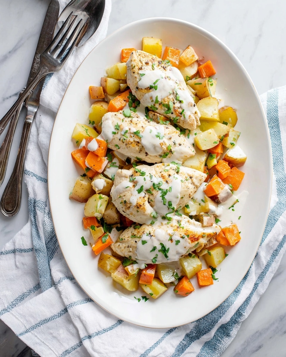 The dish has a white oval plate filled with a base layer of cubed yellow and orange roasted vegetables like potatoes and carrots, creating a chunky and colorful bed. On top, there are four large, pale beige cooked chicken pieces, arranged in a row across the vegetables. The chicken is drizzled with white creamy sauce in thin lines, and finely chopped green herbs are sprinkled over the whole dish. The plate is set on a white marbled surface with a folded white and blue striped cloth napkin beside it, along with two shiny silver spoons close to the bottom left of the plate. Photo taken with an iphone --ar 4:5 --v 7