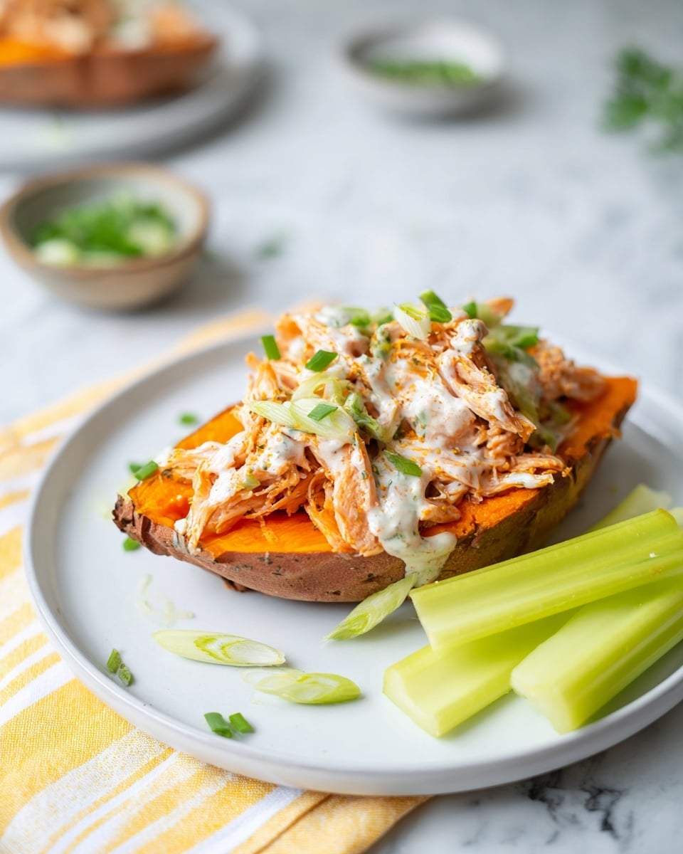 A white plate holds a soft orange sweet potato wedge as the base layer, topped with shredded light-colored cooked chicken pieces dressed in a bright orange sauce. Thin green chive stalks are sprinkled on top and around the dish. A light creamy white sauce is drizzled over the chicken and sweet potato. To the side of the plate, there are pale celery stalks with leafy ends. The plate sits on a white marbled surface with part of a fork visible to the right. Photo taken with an iphone --ar 4:5 --v 7