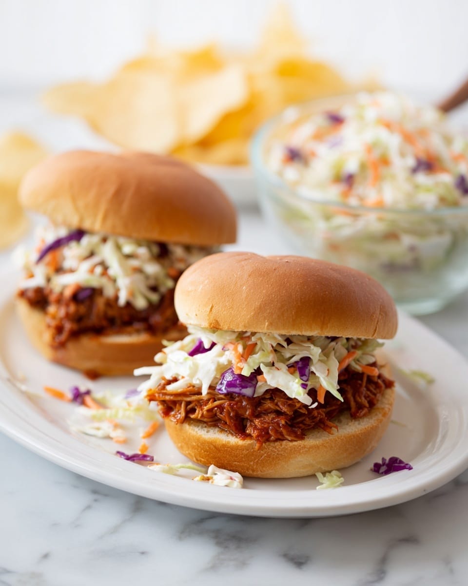 Two pulled chicken sandwiches sit on a white plate with scattered coleslaw around them on a white marbled surface. Each sandwich has three layers: the soft golden brown bun on top, a thick layer of mixed white and purple coleslaw with orange carrot strips in the middle, and shredded brown pulled chicken at the bottom. In the background, a clear glass bowl filled with coleslaw is slightly out of focus. Photo taken with an iphone --ar 4:5 --v 7