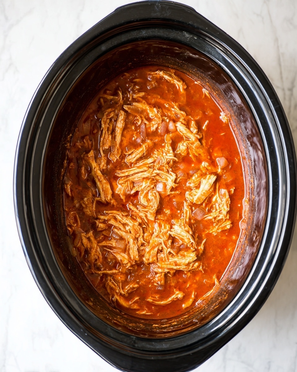 The image shows shredded chicken mixed in a rich, reddish-orange sauce inside a black slow cooker. The sauce has a smooth yet slightly chunky texture with pieces of cooked onion visible throughout. The shredded chicken is tender and evenly spread across the bottom, partly submerged in the thick sauce. The inside of the slow cooker is glossy black, creating a dark contrast with the bright sauce. The photo's background is a white marbled surface. photo taken with an iphone --ar 4:5 --v 7