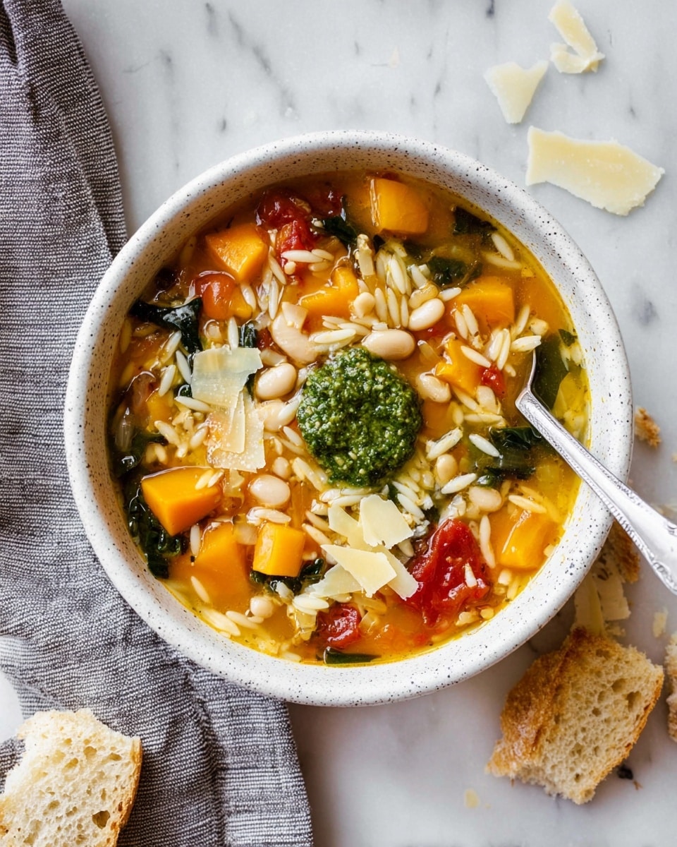 A white speckled bowl filled with a warm soup that has several layers and textures, sitting on a grey and white striped cloth over a white marbled surface. The soup’s base is a golden-orange broth, with diced orange squash chunks and white beans mixed throughout. Small white orzo pasta pieces float on top, along with pieces of dark green leafy vegetables. Bright red tomato pieces add color near the top, and there are thin pale yellow slices of cheese scattered across the surface. In the center is a dollop of vibrant green pesto sauce. A silver spoon rests on the right side of the bowl, partially submerged. Around the bowl, there are a few small pieces of toasted bread scattered on the white marbled surface. Photo taken with an iphone --ar 4:5 --v 7