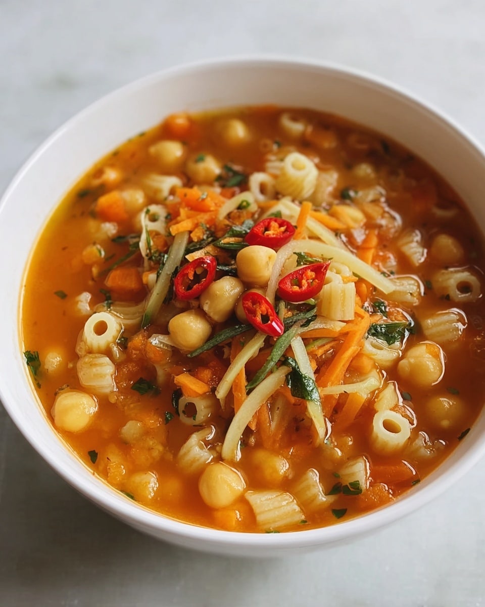A white bowl filled with thick soup featuring round chickpeas, small pale pasta tubes, shredded orange carrots, thin green herb strips, and small slices of red chili peppers on top. The soup base is orange-brown and appears slightly thick with visible vegetable bits. The bowl sits on a white marbled surface. photo taken with an iphone --ar 4:5 --v 7