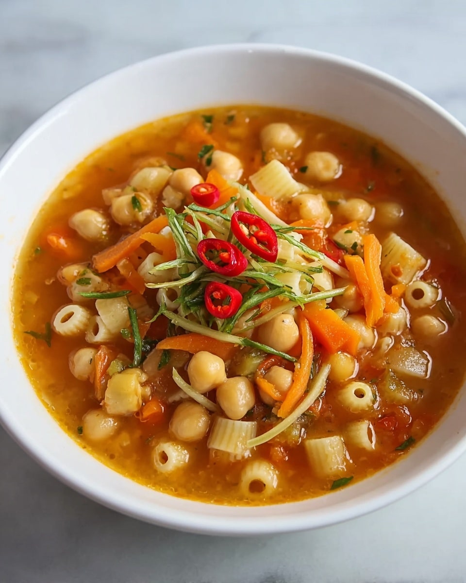 A white bowl filled with a chunky orange broth soup, with visible layers of small pasta tubes, beige chickpeas, thin strips of green herbs, and shredded orange carrot pieces floating on top; red chili slices are scattered on the surface adding a pop of bright red color. The bowl sits on a white marbled textured surface. photo taken with an iphone --ar 4:5 --v 7