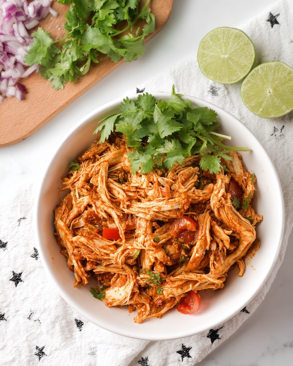 A white bowl filled with shredded cooked chicken mixed with small pieces of red and green peppers and bits of red sauce, topped with fresh green cilantro leaves on one side. The bowl sits on a white cloth with a black star pattern on a white marbled surface. In the background, there is a wooden cutting board with lime wedges and chopped red onions. The scene is bright with natural light, showing the warm brown tones of the chicken and vivid colors of the vegetables, photo taken with an iphone --ar 4:5 --v 7