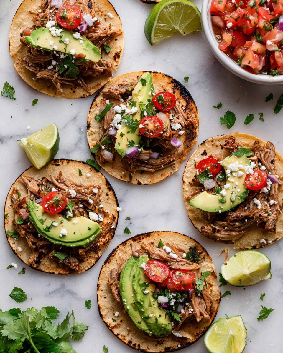 Five small toasted tortillas with a light golden-brown color and slight char marks are spread out on a white marbled surface. Each tortilla has a base layer of shredded cooked meat with a brownish color, topped with halved cherry tomatoes that are bright red, small diced purple onion pieces, fresh green cilantro leaves, and crumbled white cheese. There is a large, pale green slice of avocado placed on each tortilla, positioned to one side. Around the tortillas, there are lime wedges with a bright green peel and pale green flesh, as well as scattered bits of herbs and onions. A white bowl filled with a chunky tomato salsa is partially visible at the top right, and a black and white striped cloth appears at the bottom left. Photo taken with an iphone --ar 4:5 --v 7
