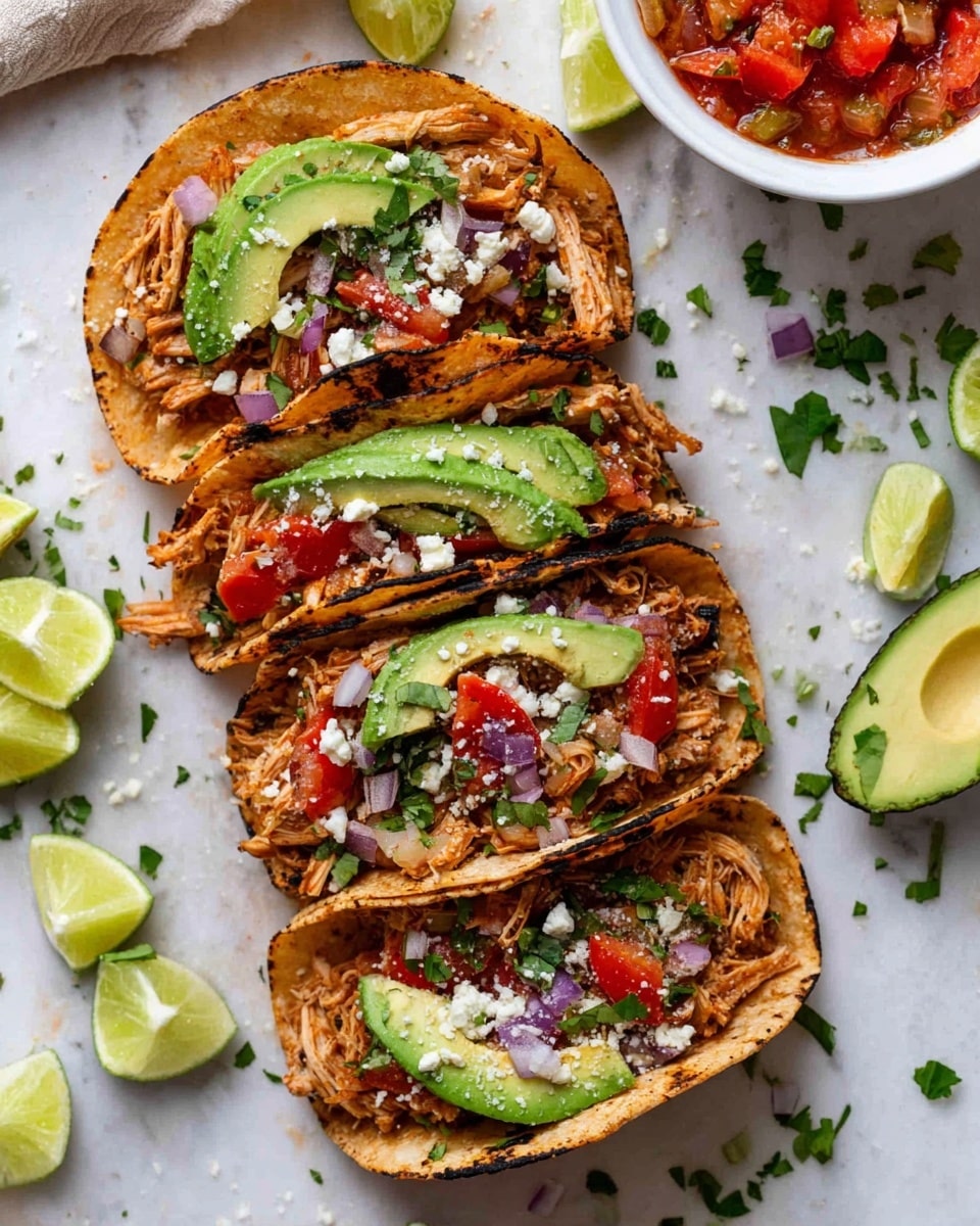 Four soft corn tortillas, slightly charred, are folded and filled with shredded cooked chicken that is orange-brown in color. Each taco has a slice of fresh light green avocado placed inside along one side, halved bright red cherry tomatoes, and small pieces of purple-red onion scattered over the chicken. White crumbly cheese and chopped green cilantro leaves are sprinkled on top. Around the tacos on the white marbled surface are lime wedges and loose cilantro leaves, with a white bowl filled with chunky red salsa nearby. Photo taken with an iphone --ar 4:5 --v 7