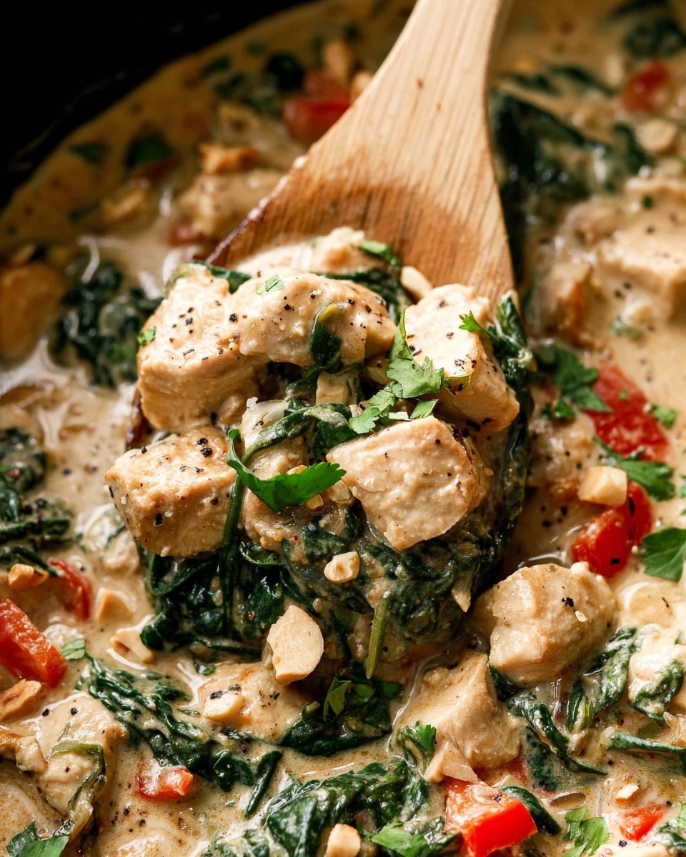 This image shows a creamy dish with several chunks of light brown chicken mixed with dark green spinach leaves, small pieces of red bell pepper, and chopped nuts sprinkled on top. The creamy sauce is light beige and coats all the ingredients, giving a thick texture. The dish has a mix of smooth sauce and soft, tender pieces of chicken and vegetables, all being scooped up by a wooden spoon with a black ladle. The scene has a close-up view emphasizing the fresh herbs scattered throughout the dish, all placed on a white marbled surface. Photo taken with an iphone --ar 4:5 --v 7