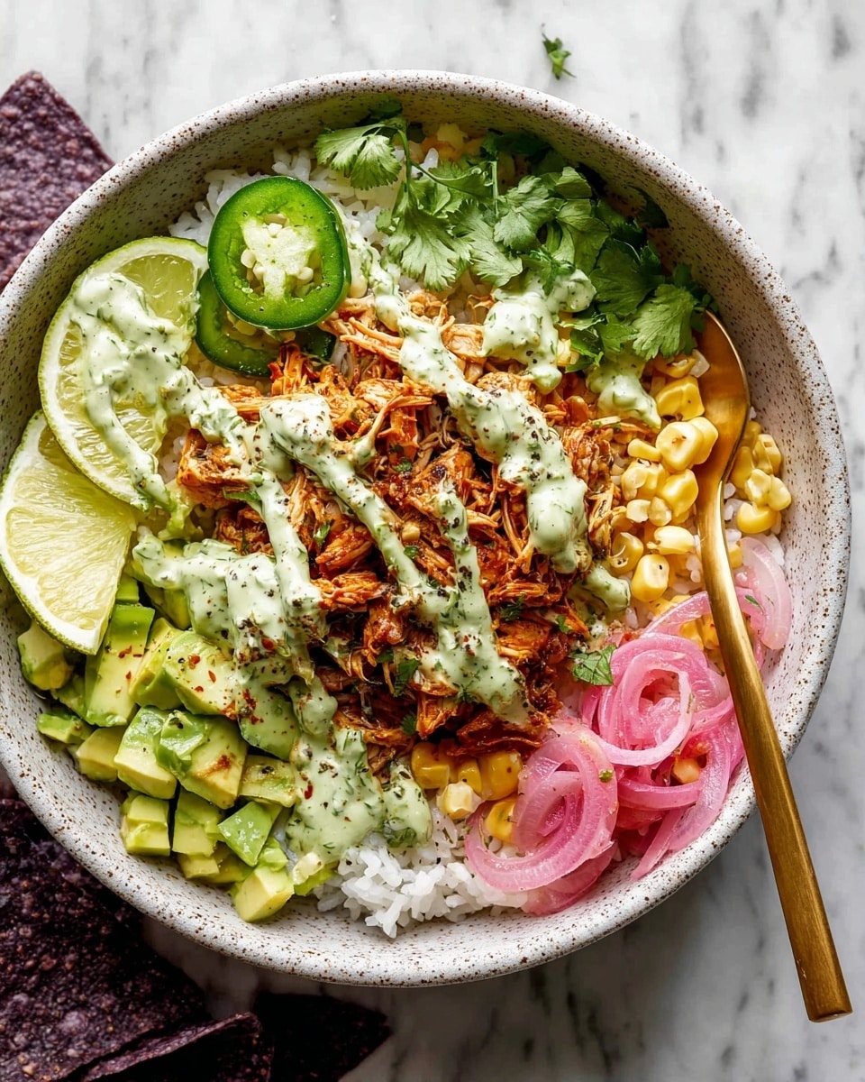 A deep white speckled bowl filled with a base layer of white rice, topped with multiple layers arranged in sections: bright green diced avocado on one side, thinly sliced green jalapeños next to it, and thin pink pickled onions on another side. In the center, there is a mound of shredded orange-seasoned chicken mixed with yellow corn kernels, drizzled with a light green creamy sauce, and garnished with fresh cilantro leaves. Two lime wedges rest on the rice near the chicken. A gold fork is placed on the right side in the bowl, partly resting on the chicken. The bowl sits on a white marbled surface with purple tortilla chips and a small white bowl of pickled onions nearby. photo taken with an iphone --ar 4:5 --v 7