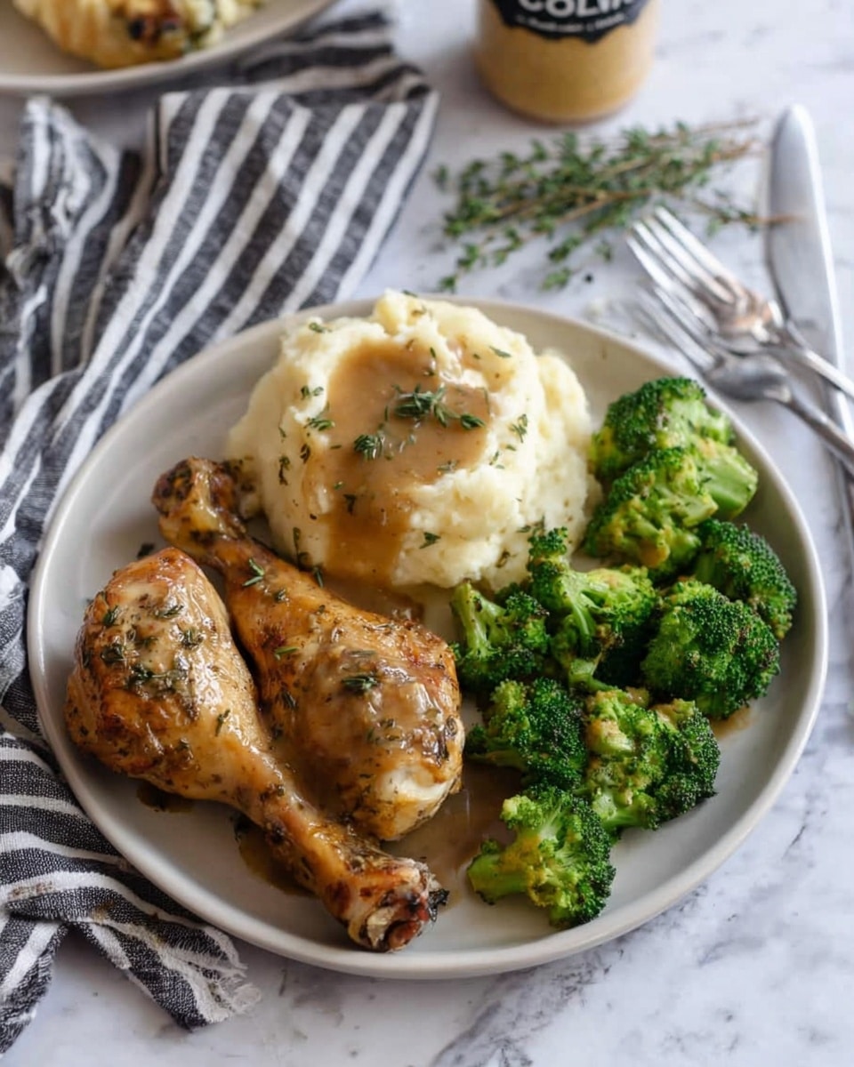 A white plate holds three main parts: two golden brown cooked drumsticks with a slight glaze and small green herb bits on them at the bottom left, a mound of pale creamy mashed potatoes in the center topped with brown gravy and a small sprig of green herb, and a serving of bright green broccoli florets on the right side. The plate is set on a white marbled surface with a silver fork with a black handle placed diagonally in the bottom right corner. In the background, there is a white bowl filled with more drumsticks and a bottle of Dijon mustard. A white cloth with black stripes is draped partially on the surface to the left of the plate. Photo taken with an iphone --ar 4:5 --v 7