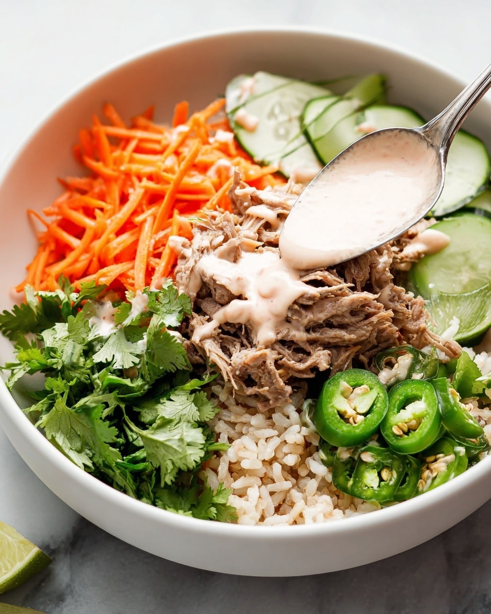 A white bowl is filled with layers of food starting with a base of light brown rice at the bottom. On top of the rice, there are shredded carrots in thin orange strips placed on one side, fresh green cilantro leaves next to them, and thin slices of green cucumber arranged on the other side. In the center is a pile of shredded cooked meat with a light brown color, drizzled with a pale creamy sauce. A few lime wedges are placed on the side of the bowl, and there are also some sliced green jalapeños scattered among the ingredients. The bowl sits on a white marbled surface with a striped cloth nearby. photo taken with an iphone --ar 4:5 --v 7