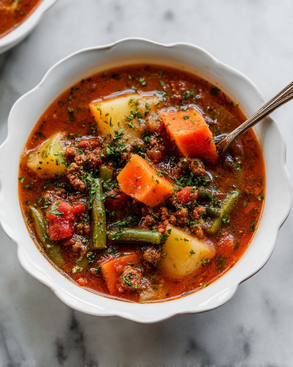 A white bowl filled with a chunky stew featuring three main layers: the bottom layer is a rich brownish-red broth with a slightly thick texture; the middle layer includes bright orange carrot cubes, light yellow potato pieces, and green beans cut into small segments scattered throughout; the top layer has browned ground meat pieces mixed with finely chopped green herbs sprinkled for garnish; a silver spoon is placed inside the bowl, slightly submerged in the stew, all set on a white marbled surface photo taken with an iphone --ar 4:5 --v 7
