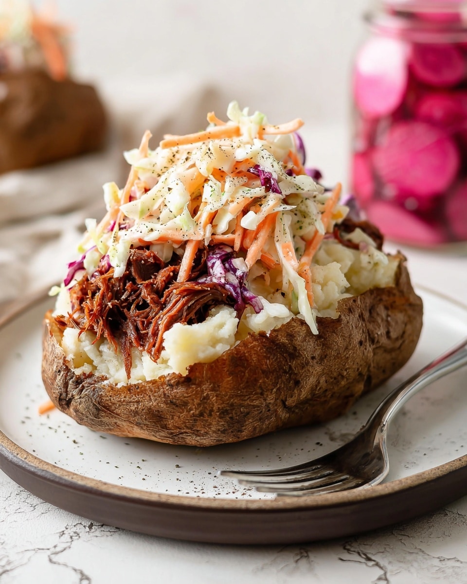 The dish is a baked potato on a white plate with a speckled pattern, placed on a white marbled surface. The potato is opened, showing three layers: the base is the brown skin of the potato, the middle layer is fluffy white potato inside, and the top is dark brown shredded meat sauce. On top of the meat sauce are light purple pickled onion rings and green parsley leaves scattered over everything. On the side of the plate, there is a small pile of creamy coleslaw with white, orange, and purple shredded vegetables, also garnished with parsley. There is a fork on the left side of the plate and a glass jar with more pickled onions in the background. Photo taken with an iphone --ar 4:5 --v 7