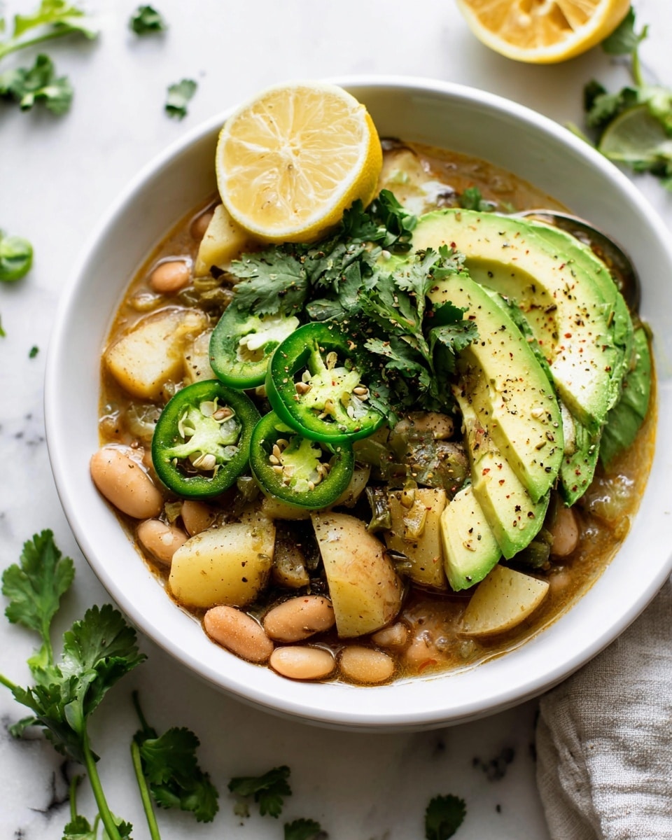 A white shallow bowl filled with a bean stew that shows a mix of light brown beans and soft potato chunks in a brothy base. On top, slices of bright green avocado are scattered, with round slices of dark green jalapeño peppers adding a spicy look. Fresh green cilantro leaves form a small pile in the center, and a lemon wedge with visible black pepper sits on the side. The bowl is placed on a white marbled surface with some cilantro leaves and lemon slices around. photo taken with an iphone --ar 4:5 --v 7