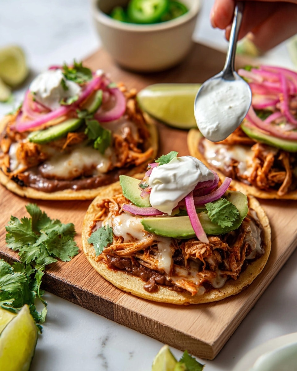 Three tostadas are placed on a wooden board on a white marbled surface. Each tostada has a white round tortilla base, topped with a layer of refried beans, followed by shredded cooked chicken with melted yellow cheese on top. On the top tostada, there are thin slices of pink pickled onions, white crumbled cheese, and green cilantro leaves. On the middle tostada, there are slices of green avocado, pink pickled onions, green cilantro, and a spoon held by a woman's hand is spreading a thick white sauce over it. To the right, there are lime wedges and some cilantro leaves scattered around, with a glass of water with lime in the bottom right corner. Photo taken with an iphone --ar 4:5 --v 7