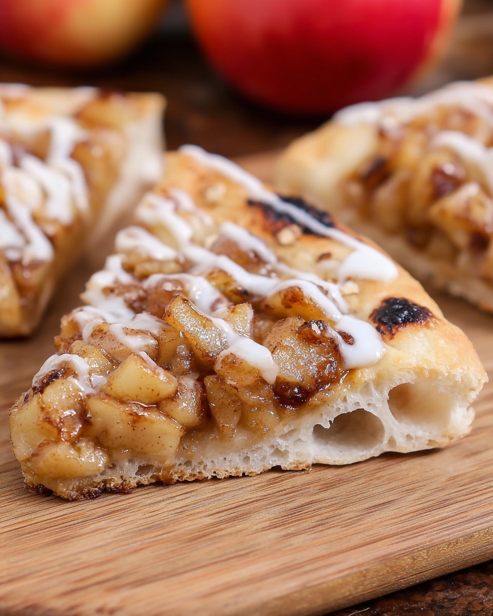 A close-up of a slice of dessert pizza on a wooden board shows three main layers: the bottom layer is a light, airy pizza crust with a pale golden color and holes inside; the middle layer is a glossy apple filling with chunks of cooked apples mixed with oats and a cinnamon sauce, caramel brown in color; the top layer is a drizzle of white icing, some small toasted spots and charred parts on the crust edges, adding texture and details. In the background, part of another slice and a red apple are slightly blurred. Photo taken with an iphone --ar 4:5 --v 7