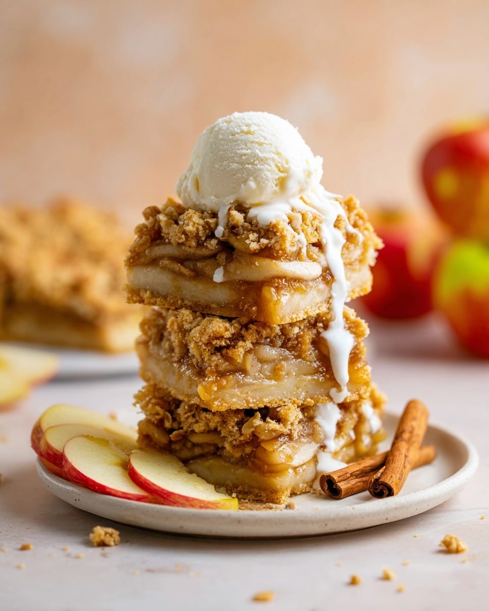 The image shows a stack of two thick apple crumble bars on a white plate, placed on a white marbled surface. The bottom layer is a soft, light golden crust topped with a thick layer of cooked apple slices that are pale yellow with a hint of cinnamon brown. Above the apple layer is a thick crumbly oat topping in a golden brown color with some texture from oats and crumble pieces. A scoop of creamy white vanilla ice cream sits on top of the stack, with golden caramel sauce being drizzled over it, flowing down the sides and melting into the crumble. Around the plate, there are scattered crumble pieces, two cinnamon sticks, and a few slices of fresh apple. The background has a soft warm tone with blurred apples visible. Photo taken with an iphone --ar 4:5 --v 7