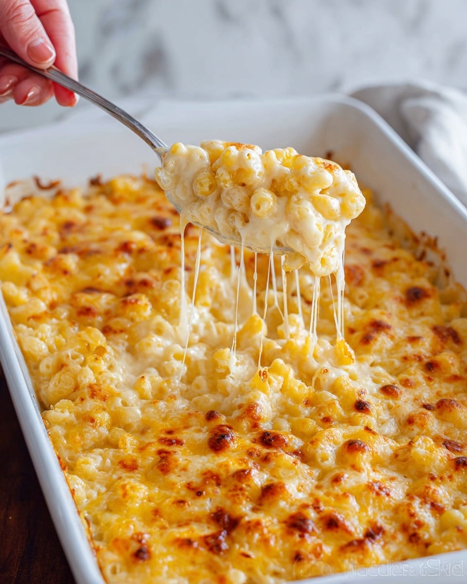 A white dish filled with mac and cheese showing three main layers: a creamy, light yellow pasta base on the bottom with small macaroni pieces, a middle layer of melted, stringy white and light yellow cheese stretched from a spoon lifting a portion, and a top layer of golden brown, slightly crispy cheese spots. The dish is placed on a white marbled surface, with cheese strings hanging from the spoon in the foreground, highlighting a rich and gooey texture photo taken with an iphone --ar 4:5 --v 7