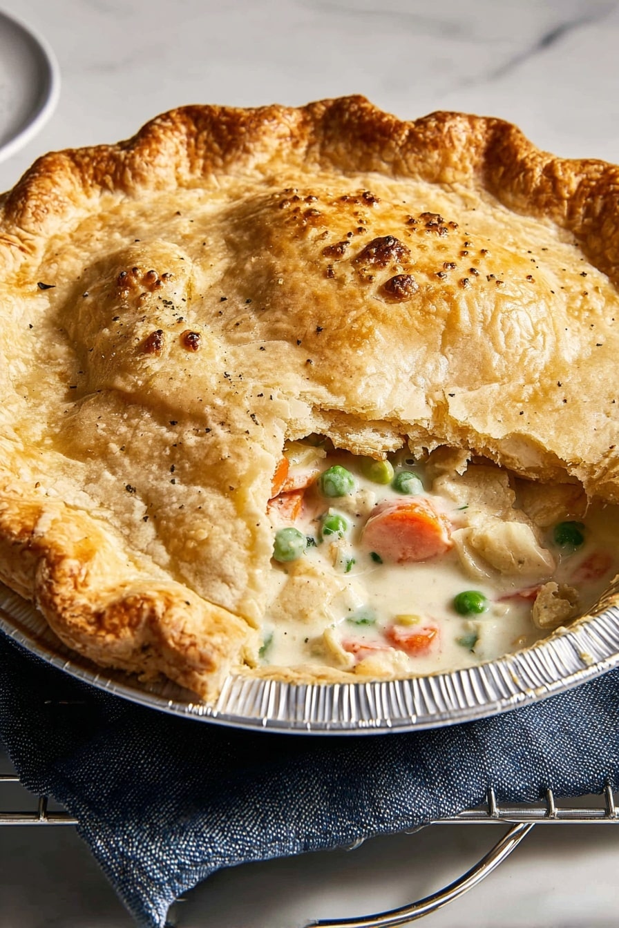 A golden brown pie with a flaky, slightly bubbly top crust sitting in a silver pie pan on a white plate over a dark blue cloth and a metal cooling rack, with a section of the crust broken away to show a creamy, white filling underneath mixed with orange carrot slices and green peas, the crust edges are thick and crimped, and there is a soft white marbled texture surface behind it photo taken with an iphone --ar 4:5 --v 7