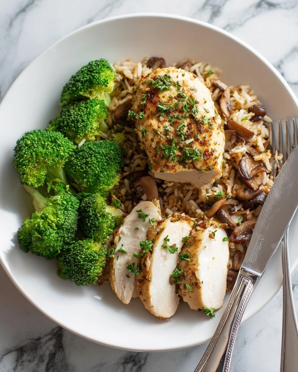 A white plate holds three main parts: on the left side, there are three bright green steamed broccoli florets. On the right side, a thick piece of cooked chicken breast is placed over a bed of creamy mushroom rice with visible sliced brown mushrooms and mixed grains, garnished lightly with chopped green herbs. The chicken is partly sliced in front, showing its white tender inside. A silver fork with intricate handle is near the broccoli, and a silver knife lies across the top of the plate. The plate sits on a wooden table with a white marbled surface visible at the edges. Photo taken with an iphone --ar 4:5 --v 7
