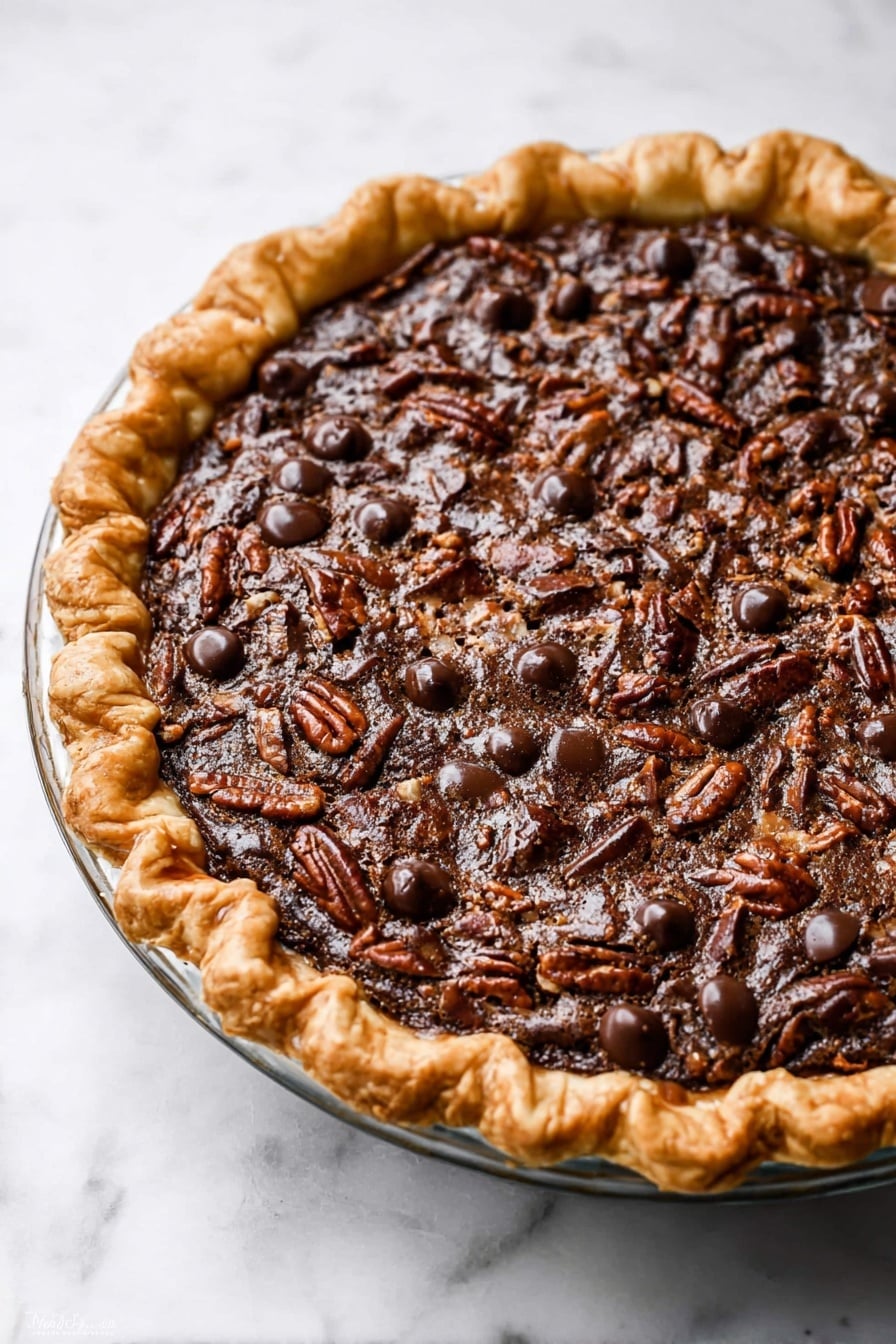 A round pie with a golden brown flaky crust edges the dish, filled with a rich, dark brown layer featuring whole pecans and dark chocolate drops spread across the top, some melted slightly, creating a shiny, textured surface. The pie sits in a clear glass pie dish on a white marbled surface, showing the crust’s uneven, rustic crimped border. Light reflections highlight the shiny melted chocolate, and a sprinkle of coarse salt is scattered unevenly over the pecans and chocolate drops, adding a contrast of small white crystals against the dark filling. photo taken with an iphone --ar 4:5 --v 7