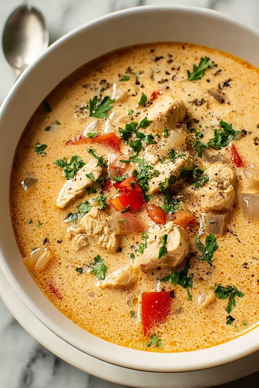 A white bowl filled with creamy orange soup showing chunks of light brown chicken and small pieces of red tomato. Green parsley leaves are sprinkled on top, with black pepper flakes adding extra detail. The soup looks thick with a smooth texture, and the bowl is sitting on a surface with a white marbled texture. photo taken with an iphone --ar 4:5 --v 7