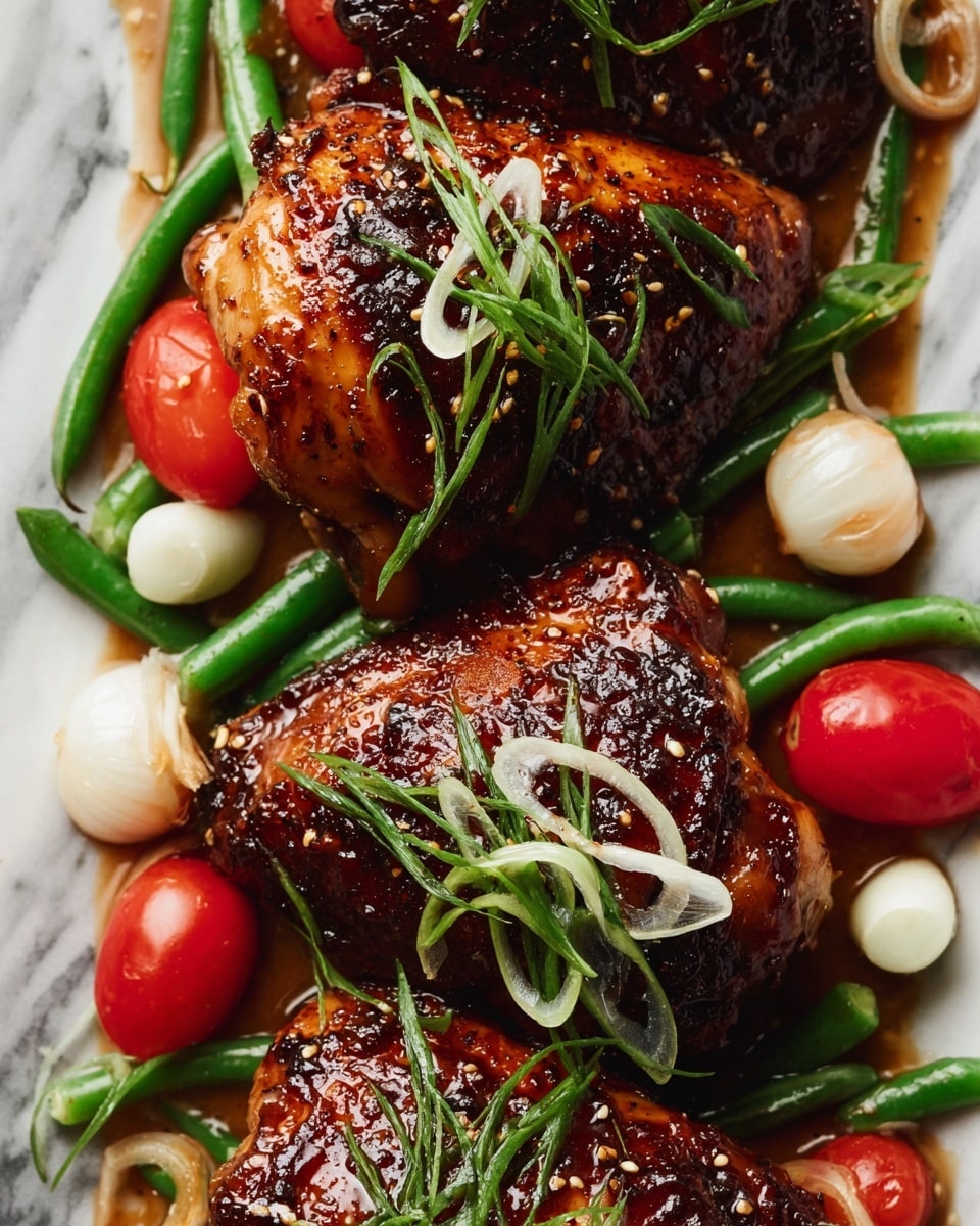 The image shows three pieces of roasted chicken legs placed close together, each with a shiny, dark brown glaze that looks slightly sticky and caramelized, sprinkled with white sesame seeds. On top of each piece, there are thin, curly strips of light green and white scallions arranged in a neat row down the center. Around the chicken, there are cooked green beans, small white onions, and a few red cherry tomatoes scattered on a white marbled surface. The whole scene is colorful with the bright green, red, and white vegetables contrasting with the rich brown chicken skin. photo taken with an iphone --ar 4:5 --v 7