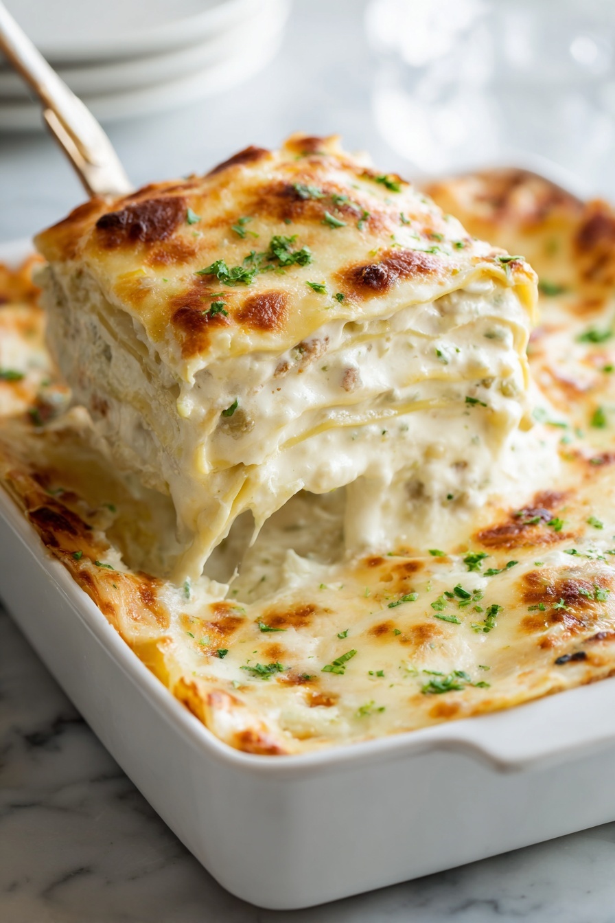 A white rectangular dish holds a baked lasagna with three visible layers: the bottom layer is a light pasta base, the middle layer is a creamy white sauce with spinach and small pieces of chicken, and the top layer is a golden brown melted cheese crust dotted with green parsley. A white spatula is lifting a portion from the corner, showing the creamy inside and gooey cheese on top. The dish sits on a white marbled surface with soft light reflecting on the cheese, making the lasagna look rich and creamy. Photo taken with an iphone --ar 4:5 --v 7