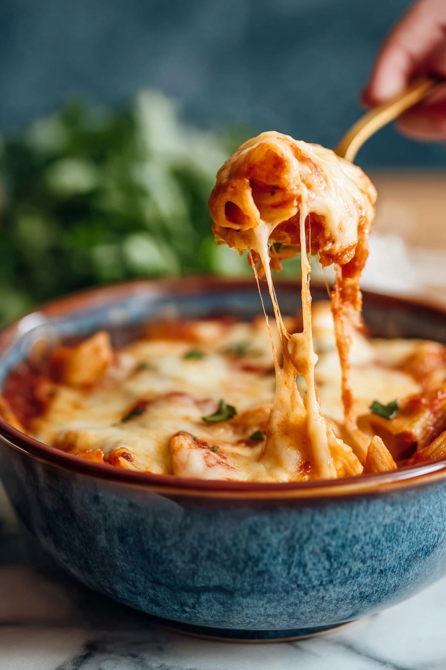 A round blue ceramic bowl filled with a baked dish showing a thick top layer of melted light orange cheese scattered with small green herb leaves. Below the cheese layer, there are visible bits of thick red tomato sauce and soft pasta pieces. The bowl is placed on a white marbled surface with soft natural light highlighting the glossy texture of the bowl and the warm tones of the food. photo taken with an iphone --ar 4:5 --v 7