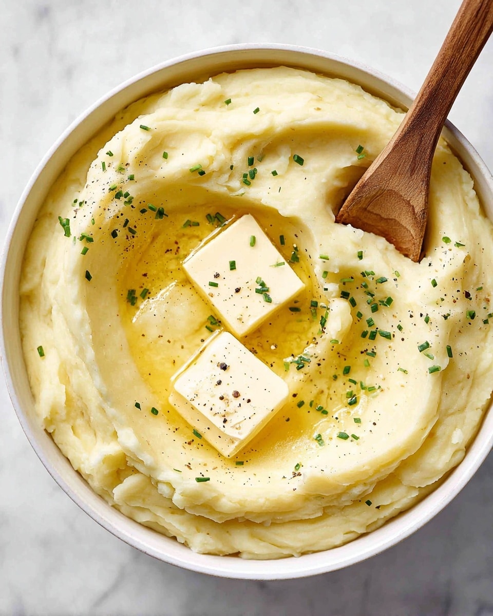 A white bowl filled with three layers of creamy mashed potatoes, each layer smooth and swirled with soft peaks. On top, there is a melting square of pale yellow butter, surrounded by a pool of golden melted butter that shines. Small chopped green chives are sprinkled evenly over the potatoes and butter, with a light dusting of black pepper scattered across. The bowl sits on a white marbled surface next to a green and white striped cloth, with a wooden spoon resting on the cloth nearby. Photo taken with an iphone --ar 4:5 --v 7