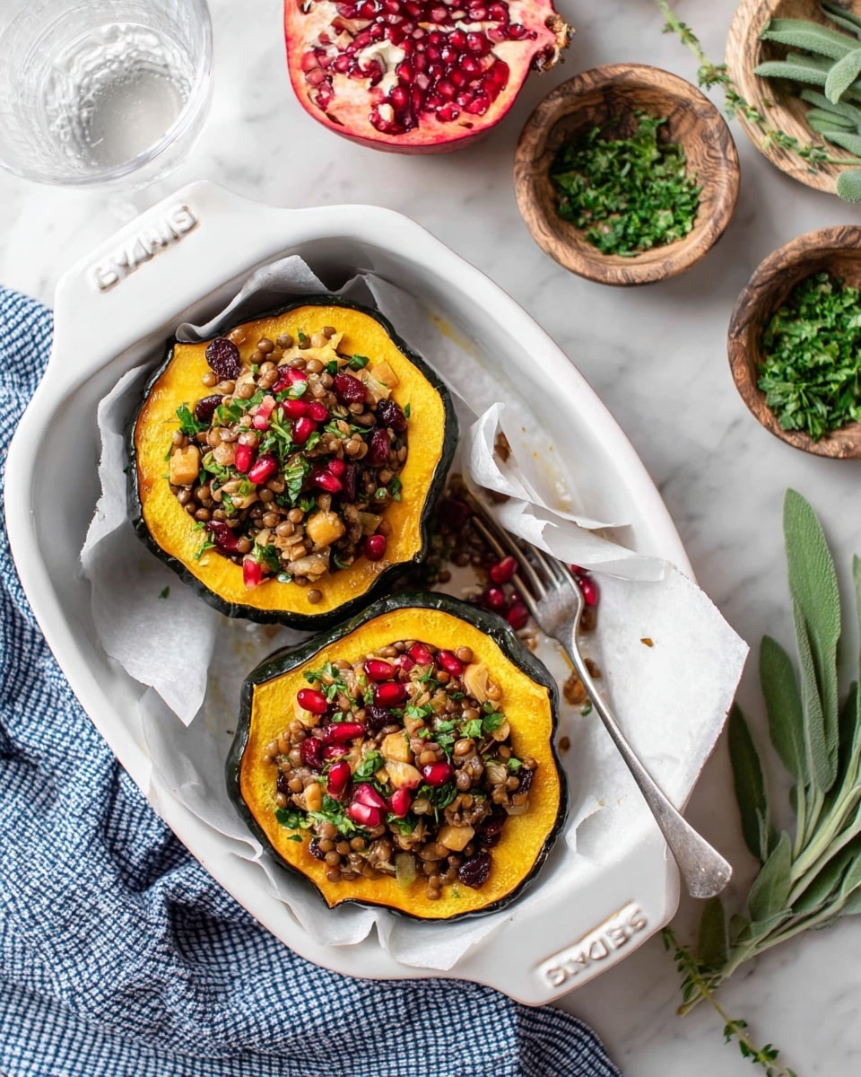 The image shows two halves of a roasted squash placed side by side in a white rectangular dish lined with white paper. Each squash half has bright orange-yellow flesh with a dark green rind, and they are filled with a chunky mixture that includes light brown grains, mushroom slices, red pomegranate seeds, and chopped green herbs scattered on top. Around the dish, there are small bowls with chopped greens and a light liquid, a small white plate with red dried berries, a white plate with a silver fork, blue and white checkered napkins, and green sage leaves placed on a white marbled surface. The photo taken with an iphone --ar 4:5 --v 7