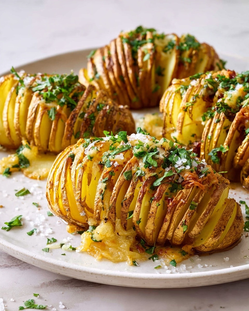 A white round plate holds four hasselback potatoes, each sliced into many thin layers but still connected at the base. Between the potato slices, thin pieces of green zucchini and pale yellow cheese are placed, with the potato skin showing a golden-brown color. The top of the potatoes is sprinkled with chopped fresh green herbs, adding a fresh look, and some coarse salt is scattered lightly on the plate. The plate rests on a white marbled surface. photo taken with an iphone --ar 4:5 --v 7