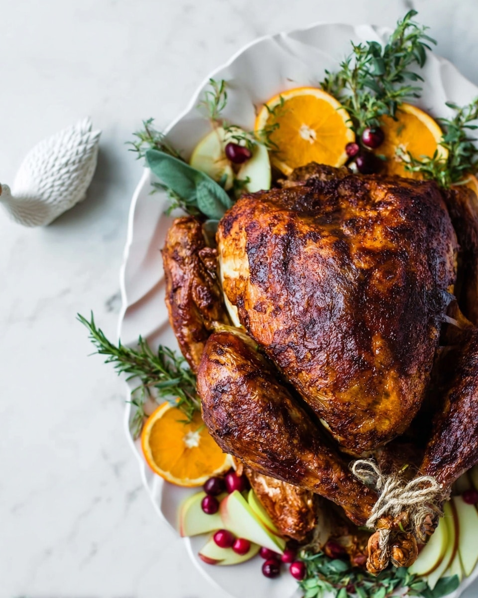 A golden-brown roasted turkey is placed at the center of a white round plate, with its legs tied together with white string. The turkey's skin looks crispy and textured, with a dark brown color on top. Surrounding the turkey are several colorful garnishes: sliced apples with a pale white inside and red peel, halved bright orange mandarins, lemon wedges, green sprigs of rosemary and sage, and scattered red cranberries. The plate sits on a soft white cloth, all set on a white marbled surface, creating a clean and bright backdrop. photo taken with an iphone --ar 4:5 --v 7